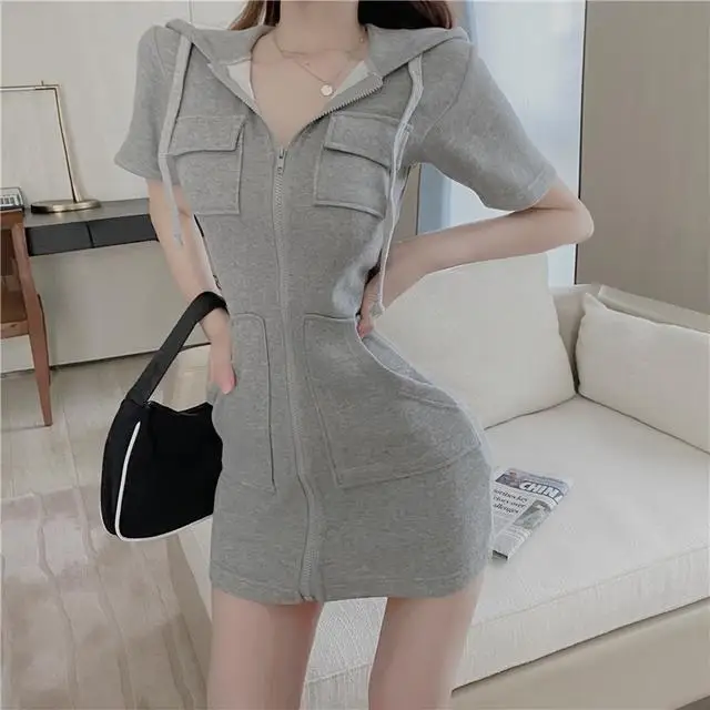 

Sexy Casual Summer Spring Women's Dress Hooded Collar Short Sleeve A-Line Women's Dress Zipper Design Female Clothes SS3442