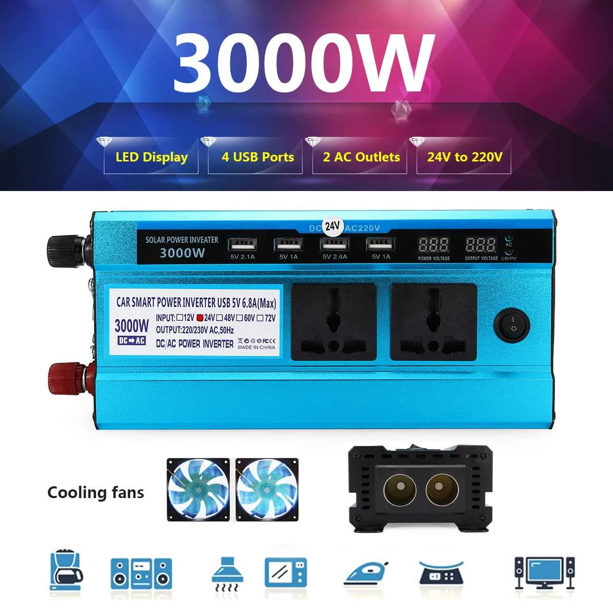 Автомобильный инвертор 3000W фары для автомобиля на солнечной батарее Мощность инвертор ЖК-дисплей DC 12 V/24 V дo AC 220 В Модифицированная синус волна USB конвертер Зарядное устройство конвертер адаптер