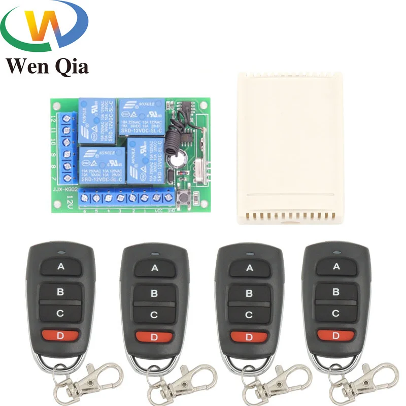 

DC 12V 4CH Relay Receiver Wireless Remote Control 433MHz Universal Module RF Switch 4 Button Remote Control Gate Garage opener