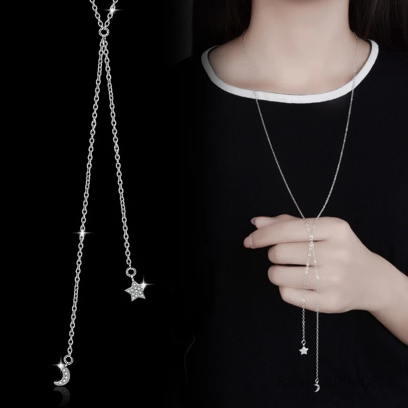 

925 Sterling Silver Shiny Zirconia Moon Star Necklace For Women Trendy Temperament Clavicle Chain Jewelry Gift