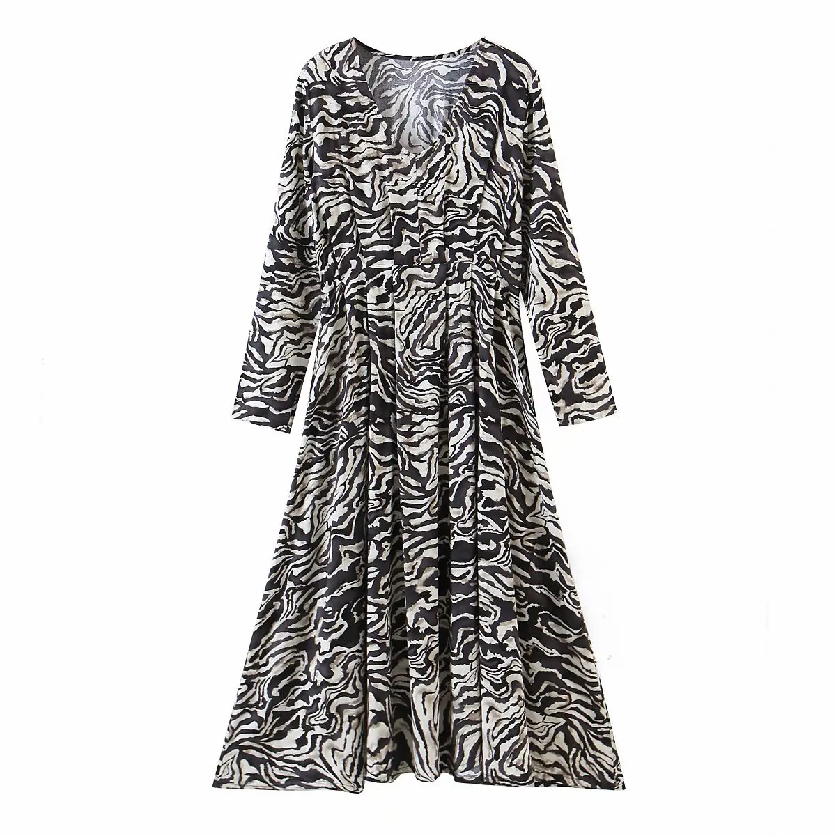 

Spring Ladies Regular Full Sleeve Print Fashion Dress Women 2021 New Office Lady V Neck High Waist Zebra Long Dresses
