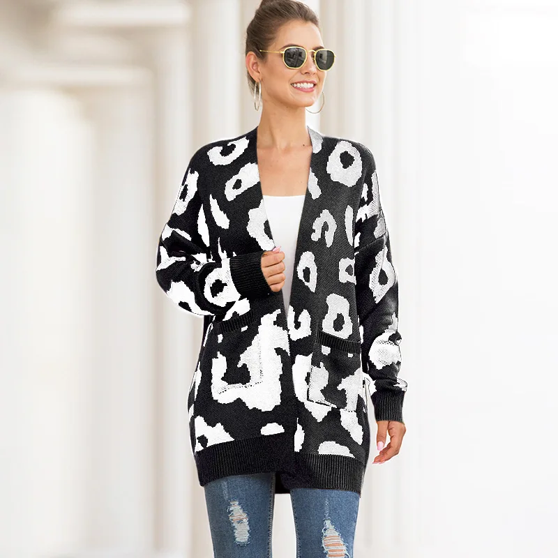 

Donsignet Women's Sweater New Fashion V-neck Cardigan Leopard Print Double Pocket Knitted Long Sleeves Sweater Women's clothing