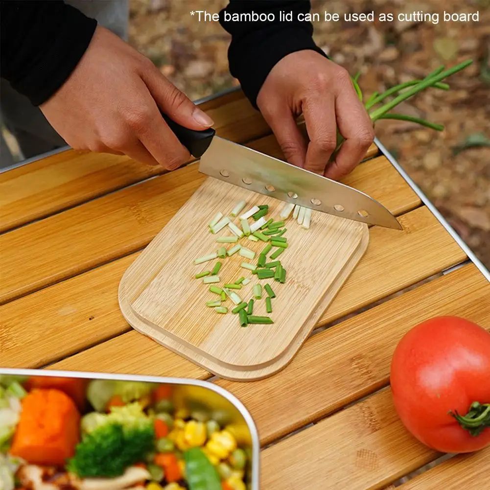 

304 Stainless Steel Lunch Box With Dual Use Lid Bento Box With Bamboo Cover 900ml Capacity For Outdoor Camping Picnic Cooking