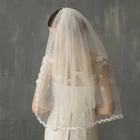 women elbow length wedding bridal veil leaf applique edge with comb tulle veil elegant two layer retro lady accessory headpiece