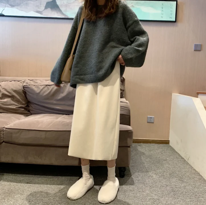 

Autumn Winter Chic Harajuku Skirts Women Fashion White Black High Waist Elastic Split Hem Elegant All Match A-line Saia for Girl