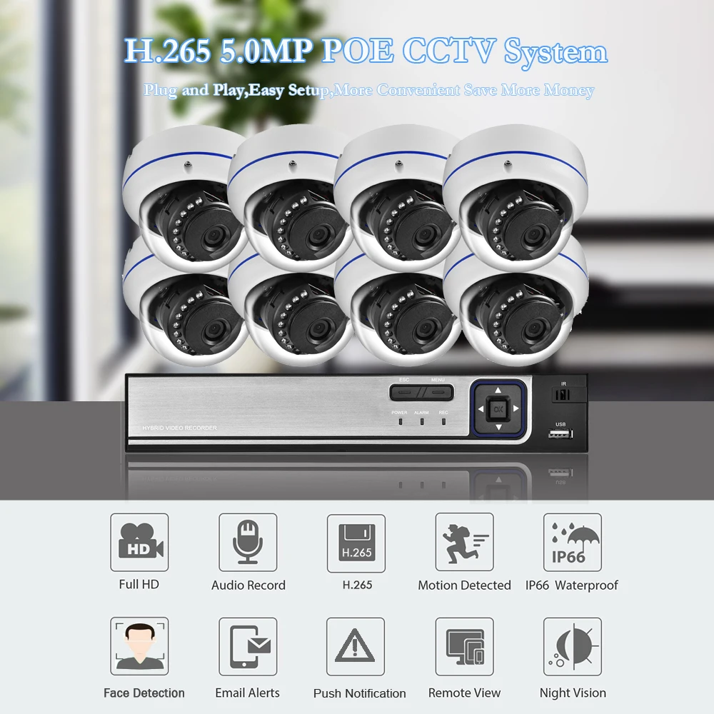 Цена Камера видеонаблюдения AZISHN H.265 +, 8 каналов, 5 МП, POE, NVR, 5 МП, IP