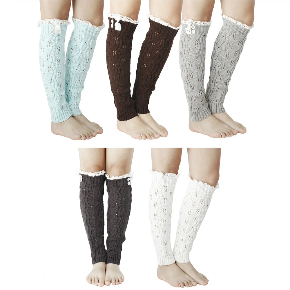 

2020 Hollow Lace Leaves Winter Leg Warmers Women Gaiters Below Knee Girls Casual Autumn Button Knitted LegWarmer Boots Socks
