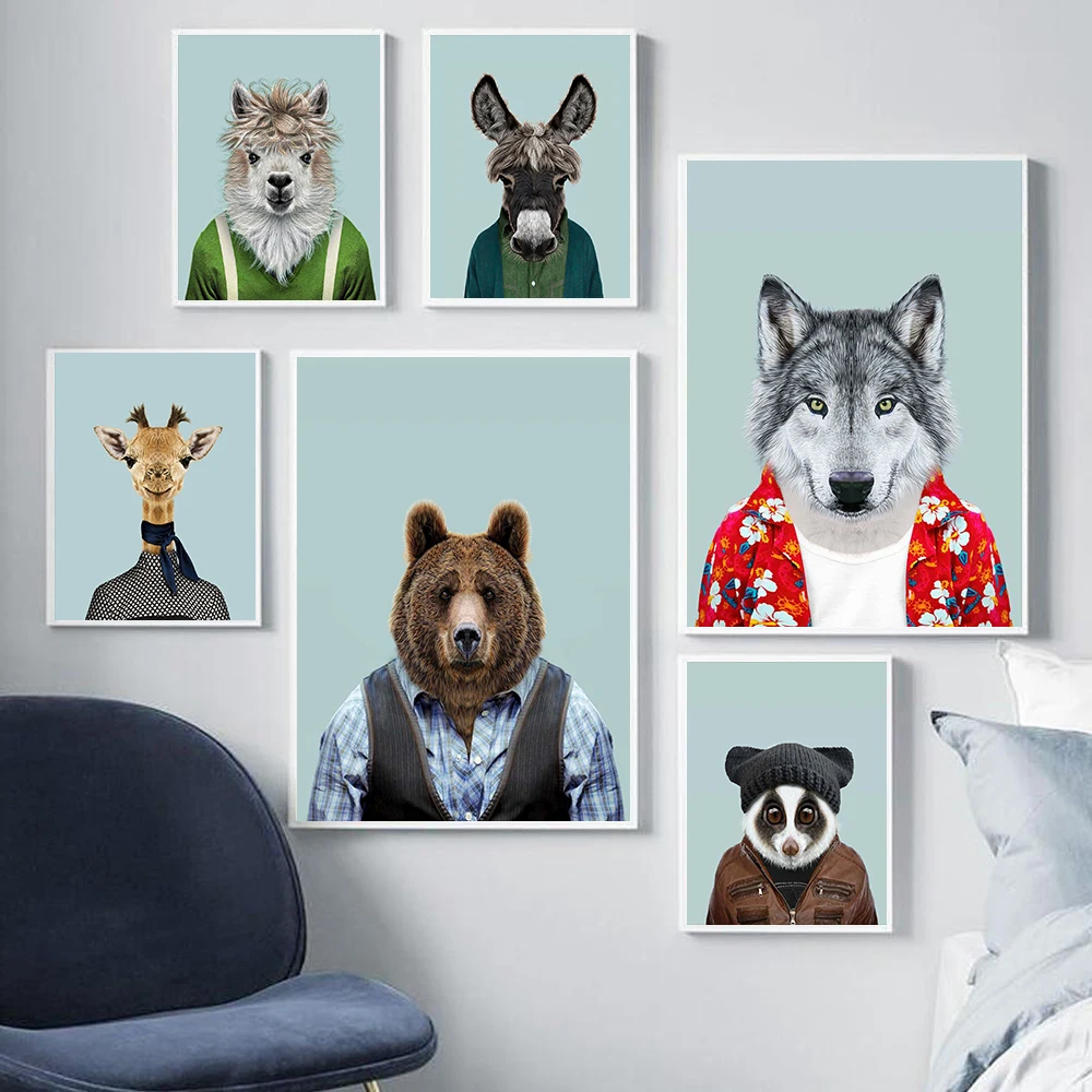 

Funny Giraffe Wolf Bear Portrait Nordic Poster Pictures Living Room Decoration Print Wall Art Canvas Painting Picture Home Decor