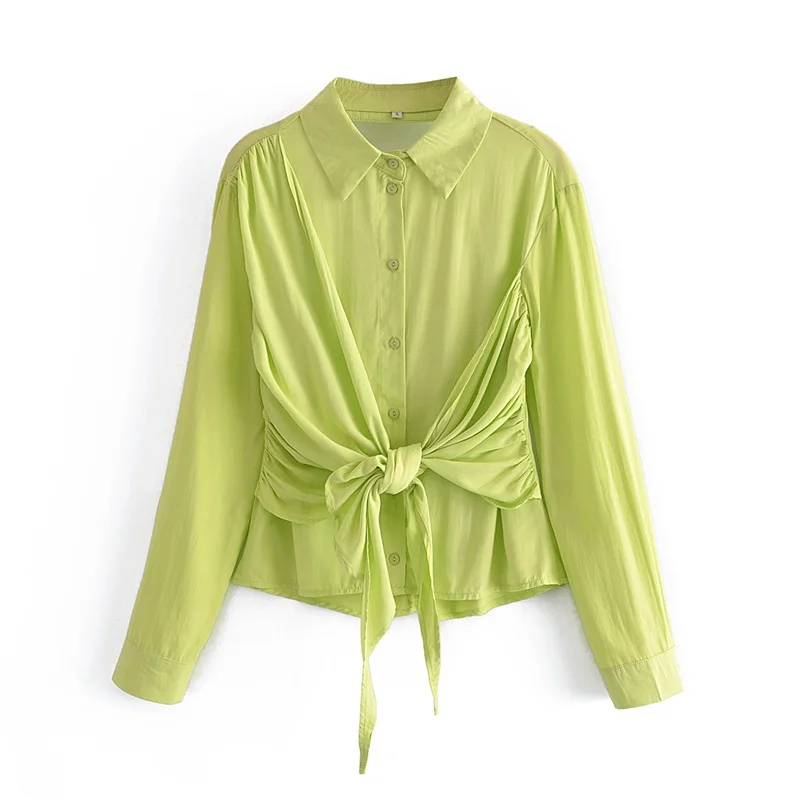 

Женская плиссированная блузка с бантом, открытой спиной и пуговицами