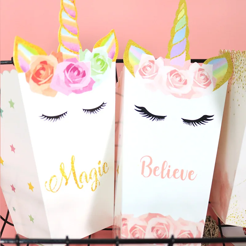 

Unicorn Party Supplies Paper Popcorn Box Gift Box Candy Cookies Bags Unicorn Party Kids Favors Paper Plates Cups Kits