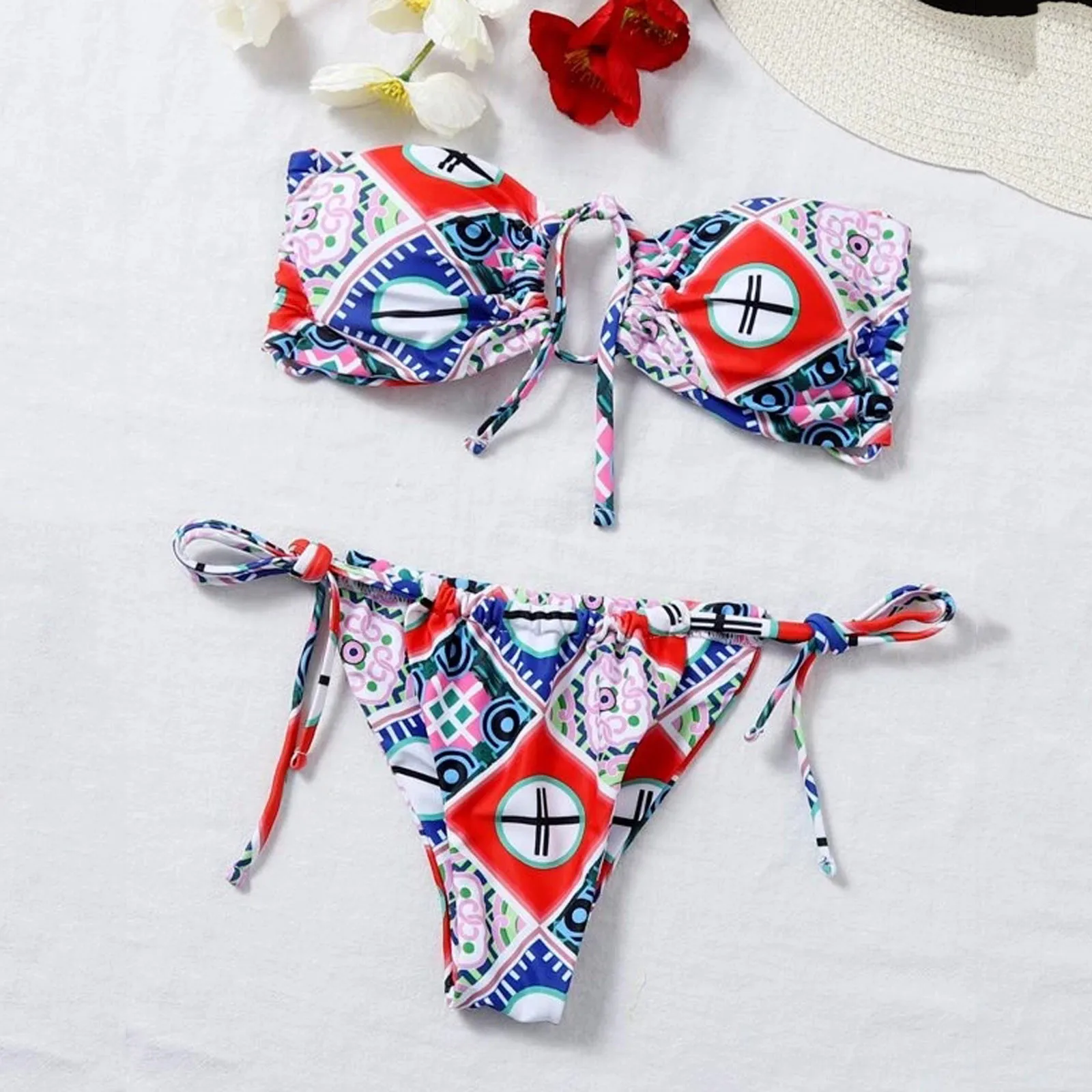 

Boho Style Pleated Bandeau Brazilian Bikini 2021 Swimsuit Female Swimwear Women Two-pieces Bikini set Bather Bathing Suit Swim