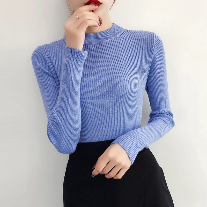 2022 Spring Winter Long Sleeve Sweater Women Shiny Pullover Basic Femme Turtleneck Korean Style Knit Tops 5042 |