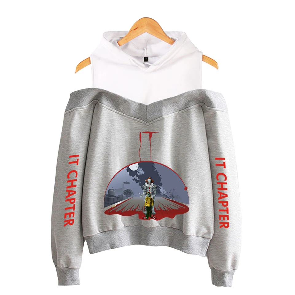 

it-chapter 2 Off-the-shoulder hoody women Hot New Print Casual tops it-chapter 2 Strapless shoulder hoodie girls Sexy coats