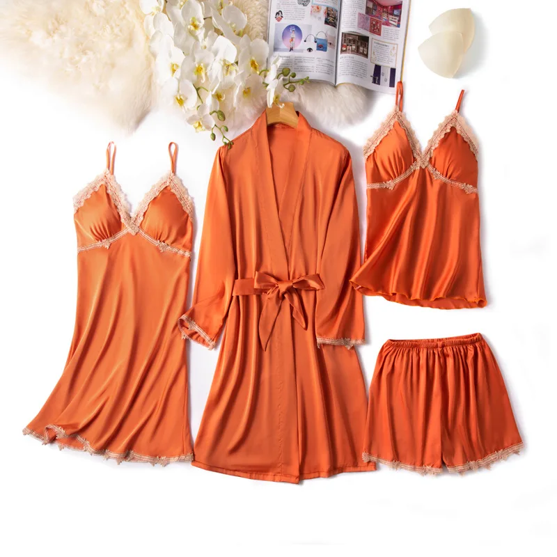 

Women Sexy Suspender Nightdress Suits High Quality Four-piece suit Pajamas Home Wear Long Sleeve shorts pajamas Lace Nightdress