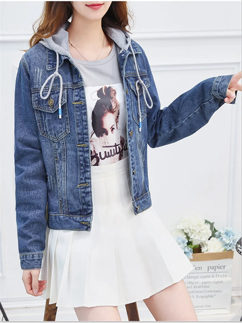 

Denim Jacket Women's short spring and autumn Korean new long sleeve slim Hooded