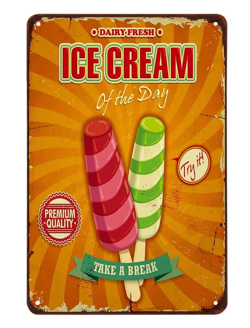 

Ice Cream Tin Sign,Poster Wish Orange Background Design Vintage Metal Tin Signs for Cafes Bars Pubs Shop Wall Decorative Funny