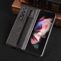 fashion leather lychee pattern pencil pen slot case for samsung galaxy z fold 3 pc cover anti knock luxury cases for fold3 f9260