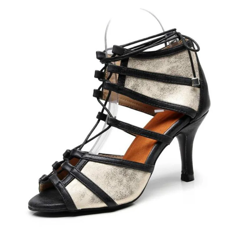 

Black Leather With Khaki Open Toe Professional Salsa Zapatos De Baile 7cm Heel Height Latin Dance Shoes For Women