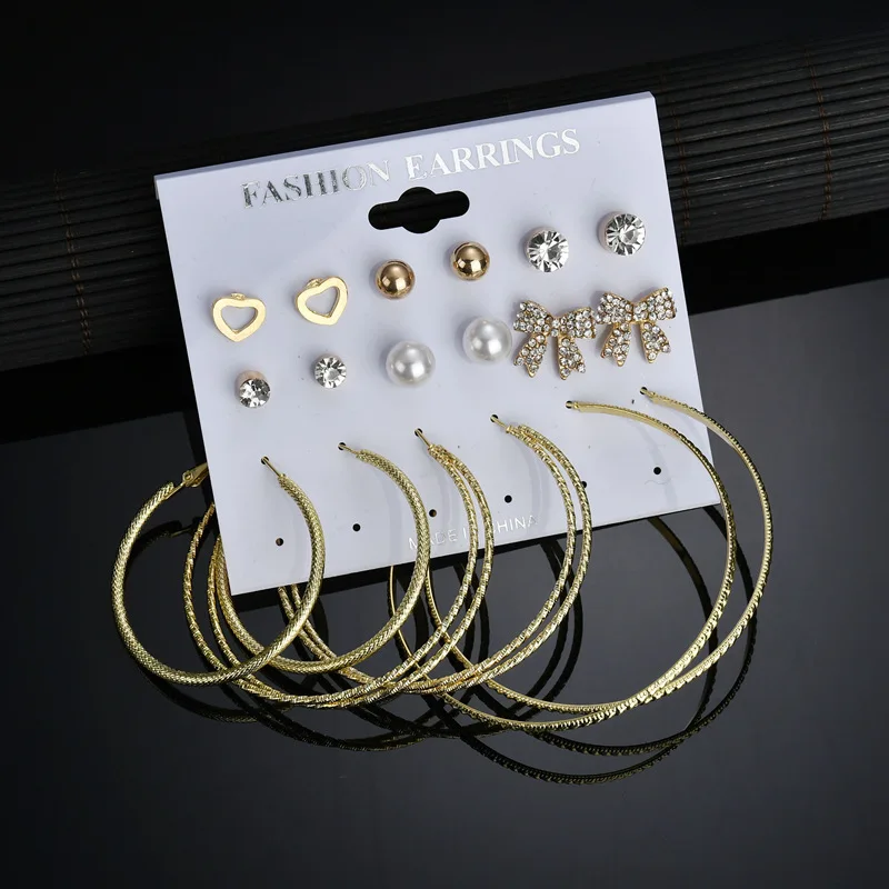 

New Korean earrings bow love big circle earrings set 9 pairs of earrings set