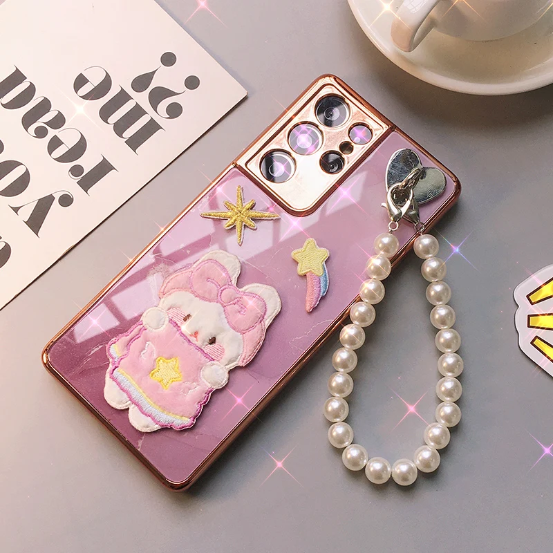 

For Samsung S21 Case Transparent Embroidery Bear Pearl Bracelet Phone Case Cute for Samsung S21+ S21 Ultra Cover Gift Etui