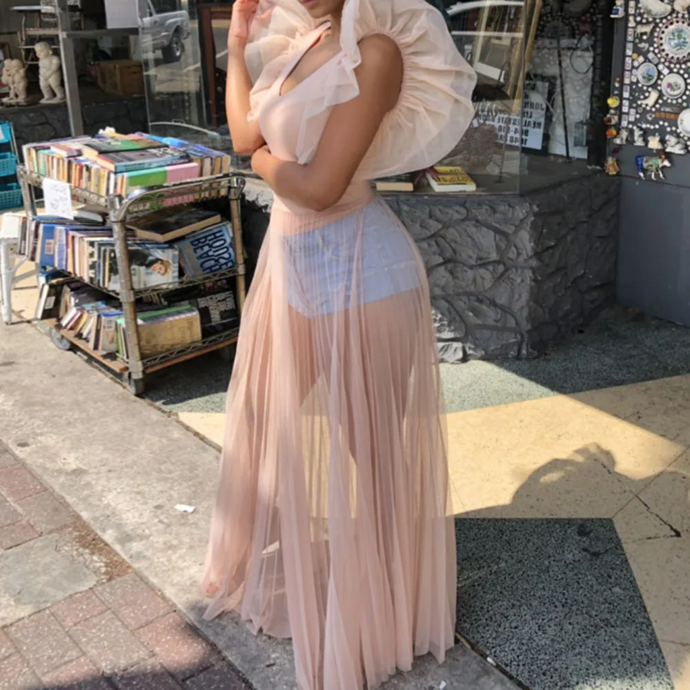 Женское длинное Сетчатое платье розовое вечернее трапеция без рукавов