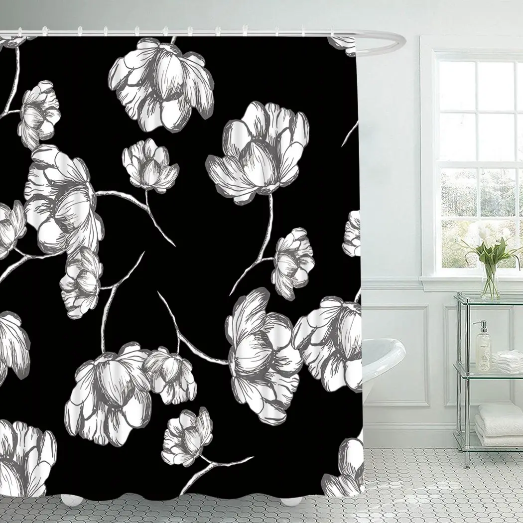 

Floral Shower Curtain With Hooks For Bathroom Black White Peony Waterproof Polyester Bath Shower Curtain Set Home Bathroom Decor