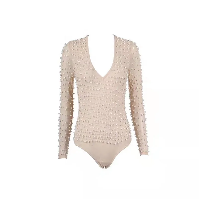 2019 пикантная бежевая сетка с v-образным вырезом комбинезоны бисером Для женщин