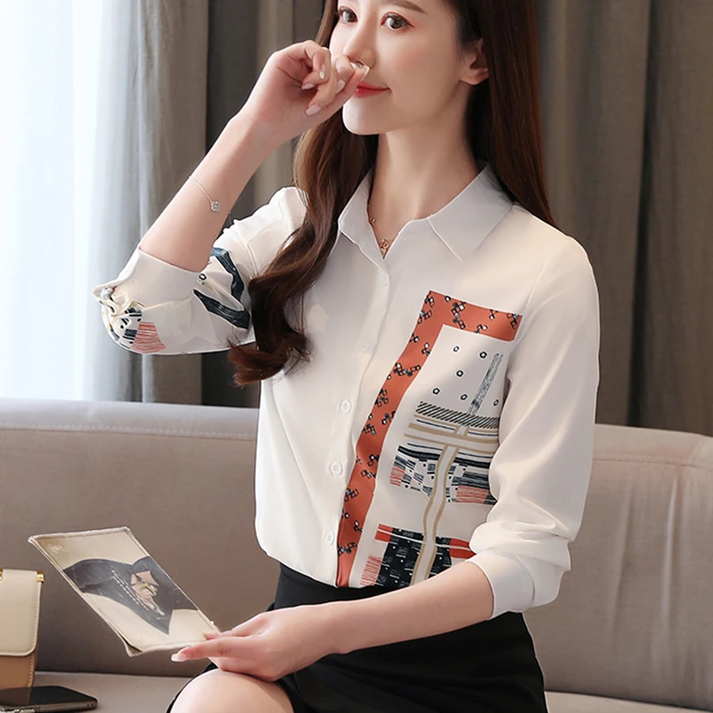 2021 New Korean Spring Chiffon Print Women Blouse Long Sleeve Ladies White Shirt Tops Female Button Blusas High Quality Clothing | Женская