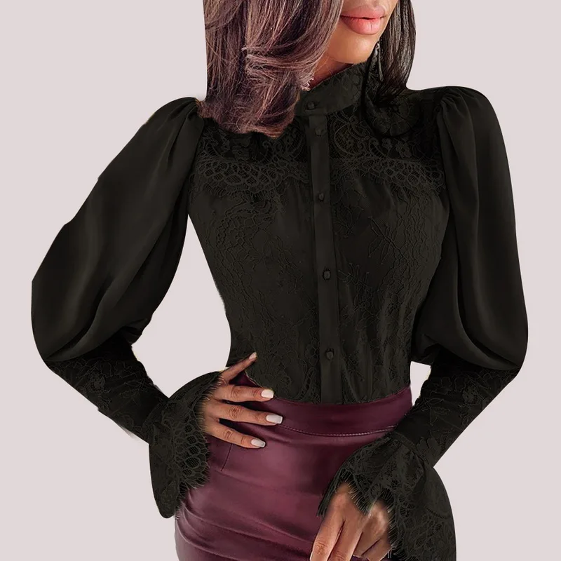 02 black Cysincos, шифоновые блузки для женщин, осень, модная розовая рубашка с длинным рукавом и v-образным вырезом, офисная блуза, облегающие повседневные топы для женщин размера плюс - Color: 02 black