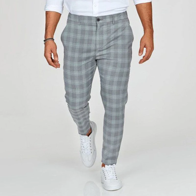 

2021 Spring Fashion Plaid Printed Pencil Pants For Mens Vintage Mid Waist Button Trouser Male Summer Casual Long Pant Streetwear