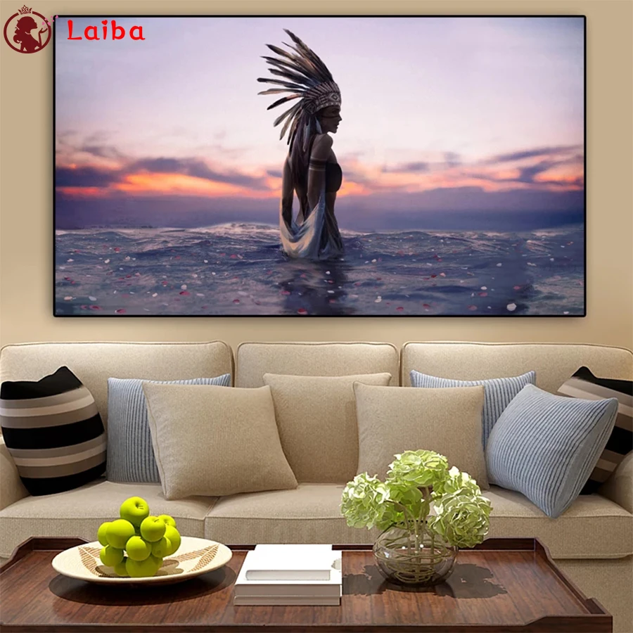 

DIY diamond painting Sexy Indian woman in sunset landscape water cross stitch diamond full mosaic diamond embroidery