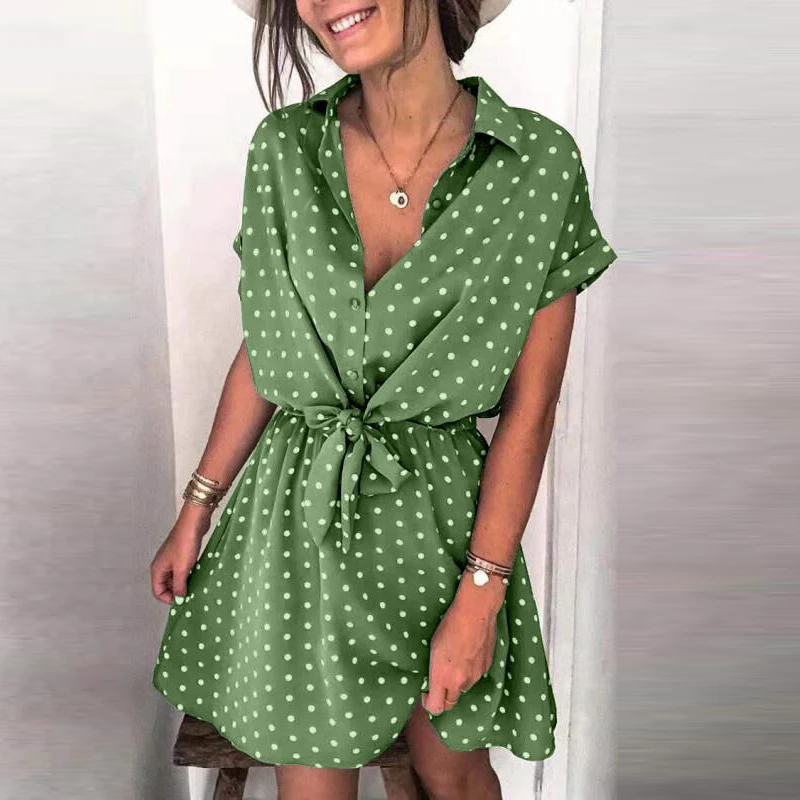 

Summer Women Turn-Down Collar Dress Striped Print Casual Elastic Waist Dress 2021 Female Short Sleeve Slim Fit Lacing Up Dress
