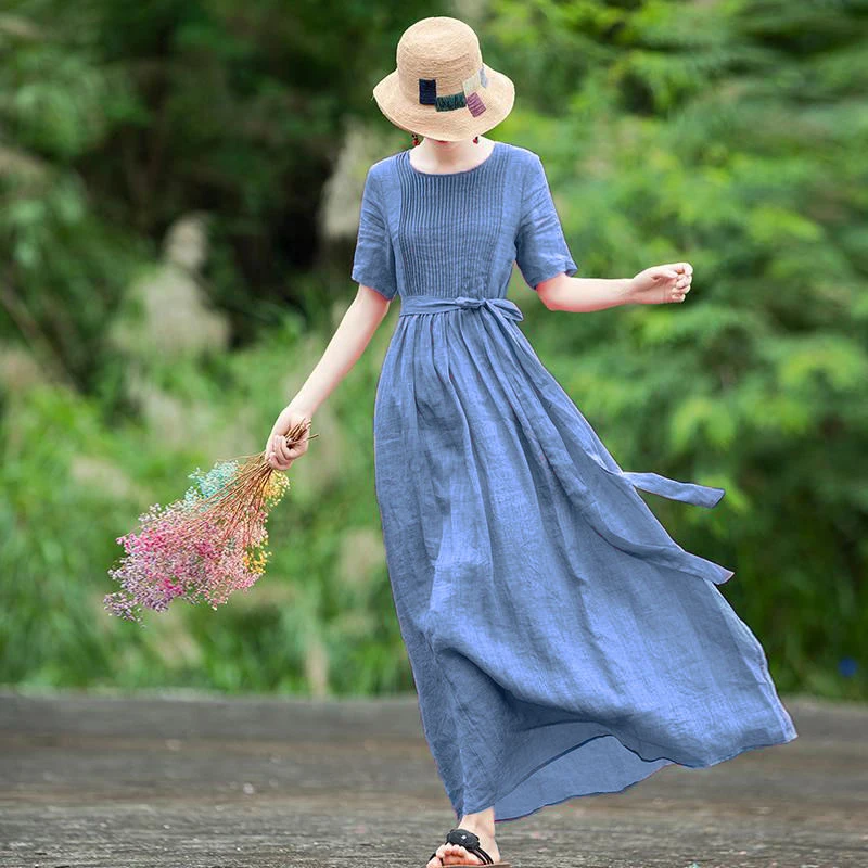 

Cotton Linen Holiday Long Dress Femme Summer New Arts Style Women Short Sleeve High Waist Slim Maxi Dress Vintage