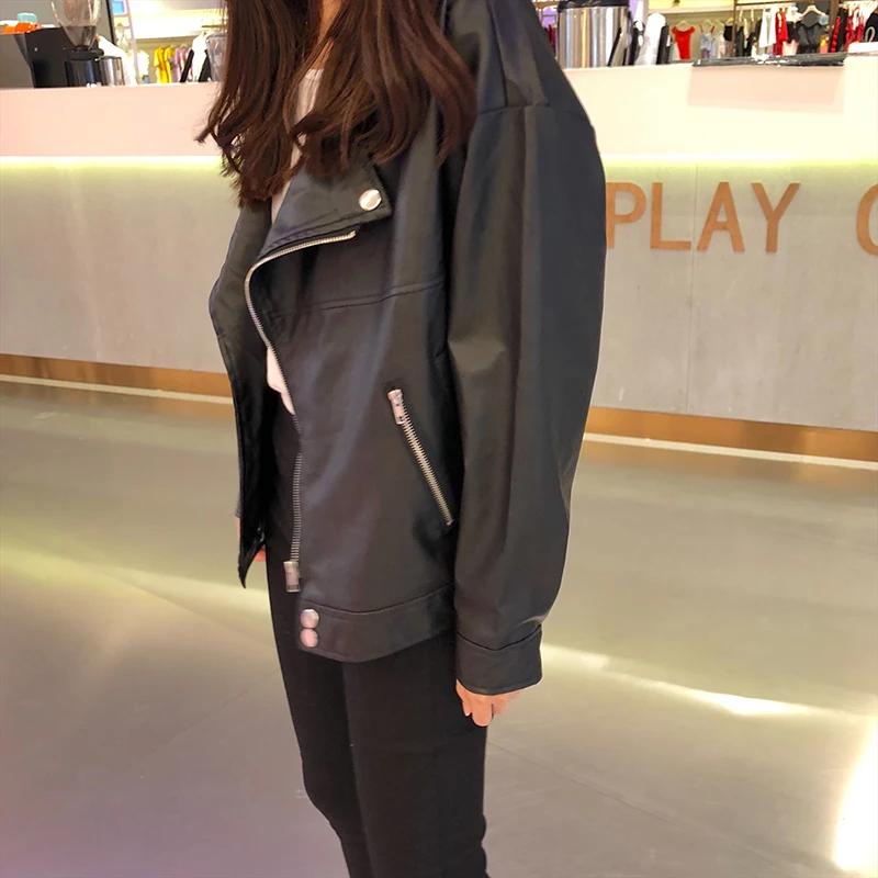 Korean Women PU Leather Jacket Oversized Chic Leather Biker Jacket Women Chaqueta Cuero Mujer Veste Cuir Femme