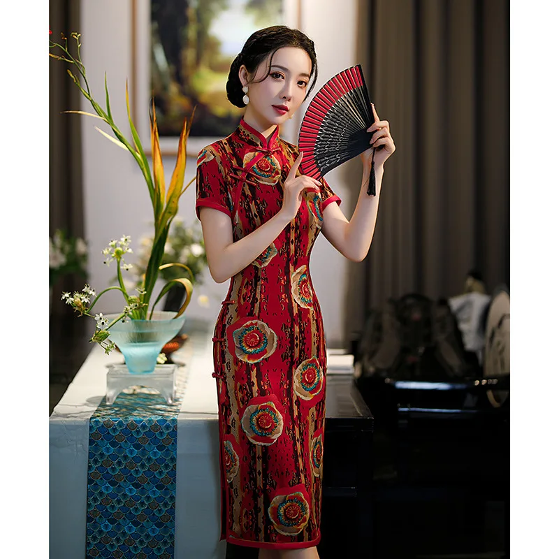 

M-3XL для женщин с цветочным принтом Cheongsamn юбка в винтажном стиле; С воротником «Мандарин», китайское платье по фигуре с коротким рукавом сред...