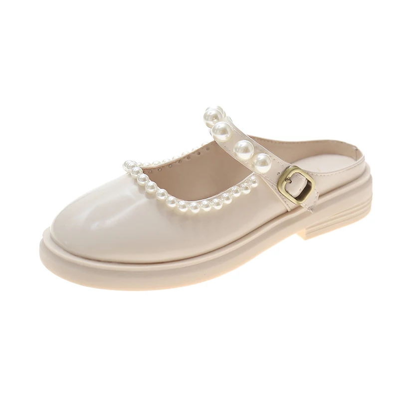 

Female Shoes Cover Toe Med Slippers Casual Mules For Women 2021 String Bead Loafers Slides New Luxury Summer Fashion Rubber PU H