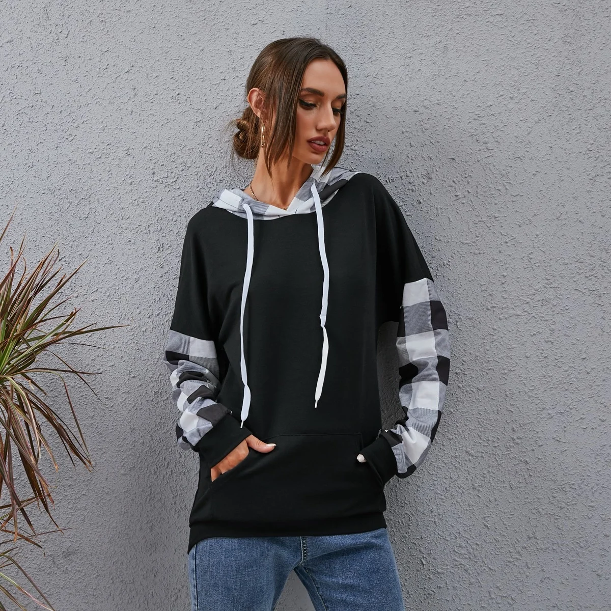 

Women Plaid Printed Loose Drawstring Hooded Casual Sweater