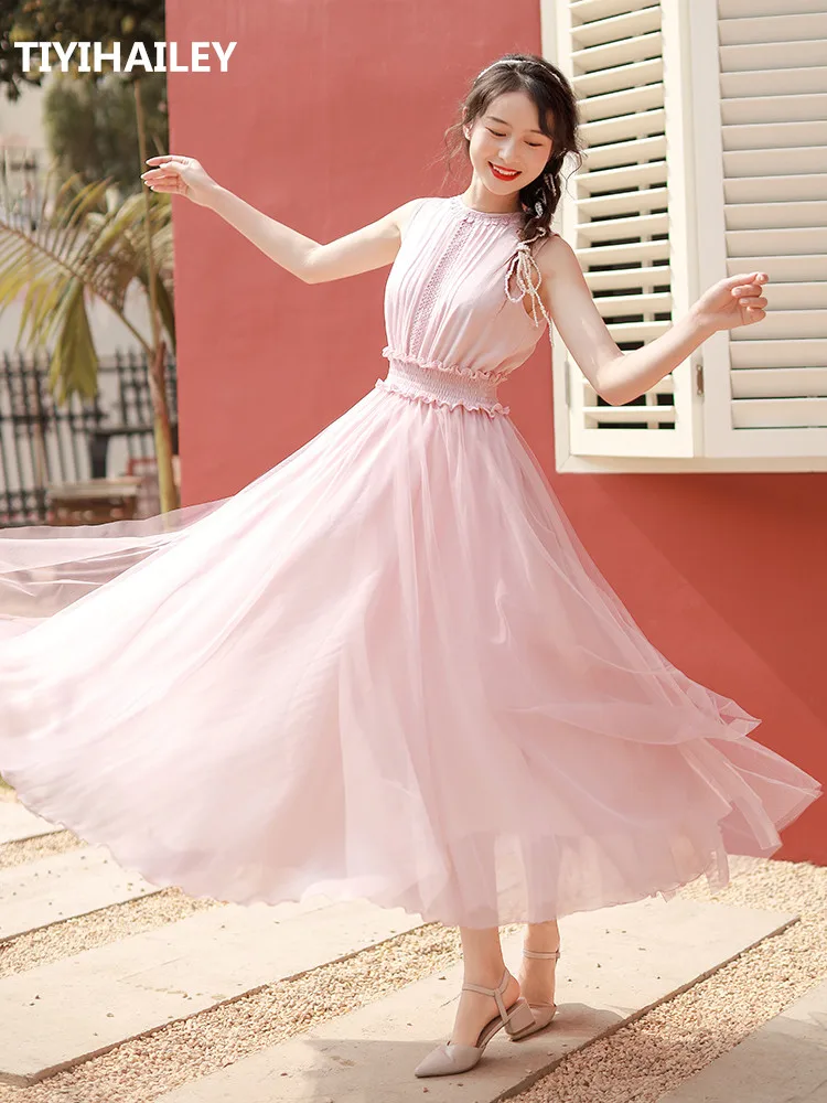 TIYIHAILEY Free Shipping 2022 Long Maxi Summer Women Chiffon Gauze Boshow S-L Sleeveless White Pink O-Neck Dresses High Waist