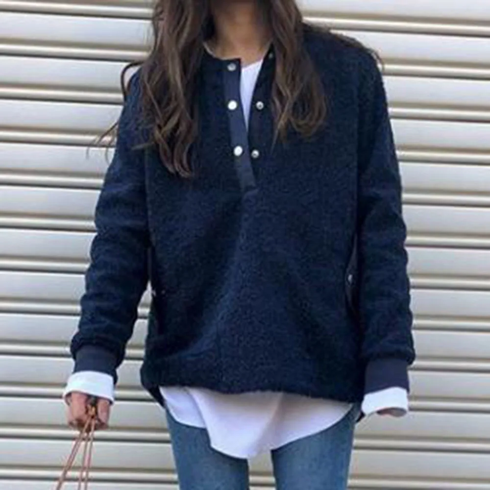 Женская футболка из флиса однотонная темно синяя офисная рубашка с длинным