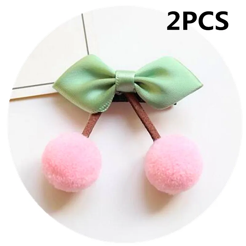 2pcs-pink clips 2/8 шт., вишневые заколки для волос для девочек, резинка для волос, бант для волос для маленьких девочек, лента с помпонами, haripin, Детские аксессуары для волос - Цвет: 2pcs-pink clips