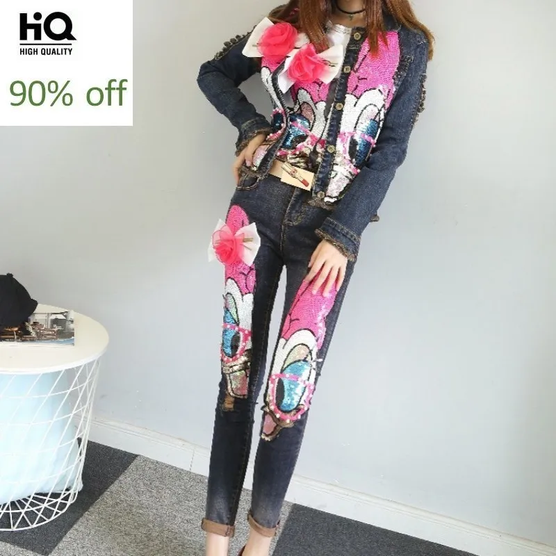 High Street Женский облегающий Джинсовый комплект из двух предметов Мультяшные