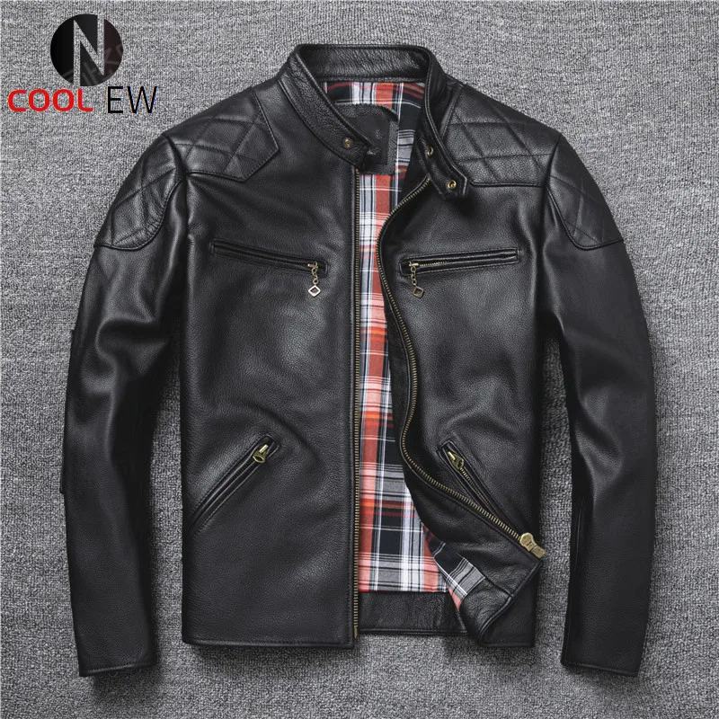 

Мужская мотоциклетная короткая куртка, черная облегающая байкерская куртка из натуральной воловьей кожи с воротником-стойкой, модель 5XL на ...