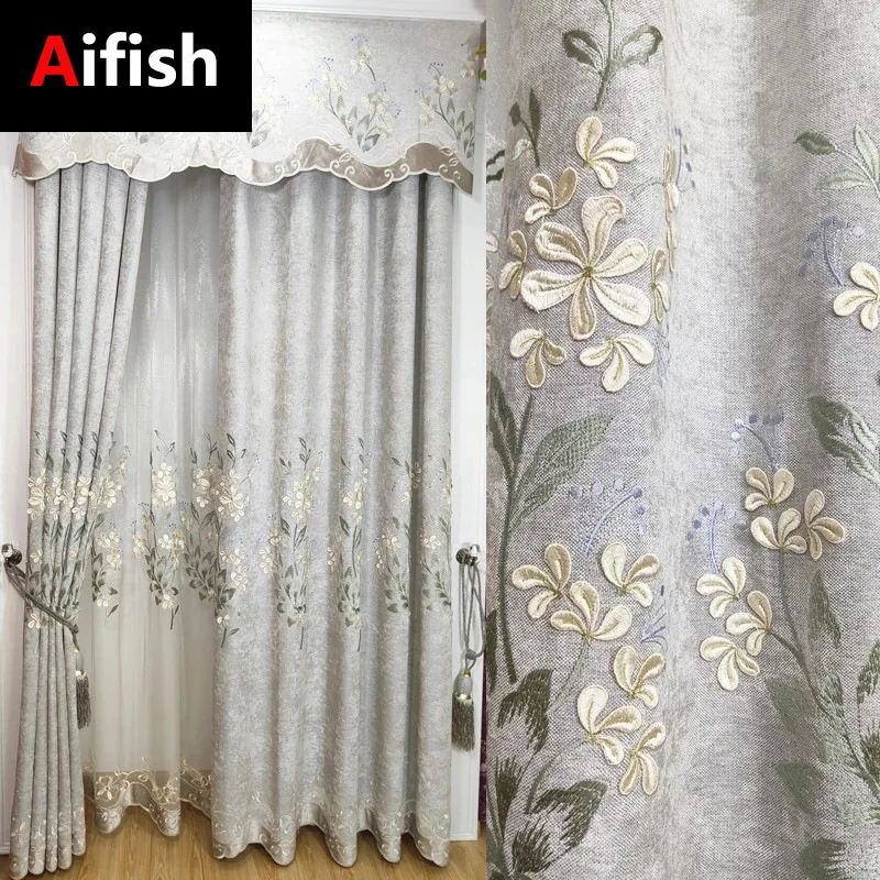 

Living Room Luxury Dimensional Jasmine Embroidery Tulle Curtain Gray Embossed Chenille Bedroom 70%-90%Blackout Curtain Cortina 6