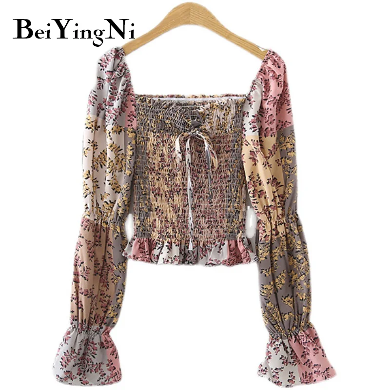 

Beiyingni Sexy Slash Neck Floral Printed Womens Blouses Tops Vintage 2021 Spring Summer Harajuku Blusas Female Cropped Tops Chic