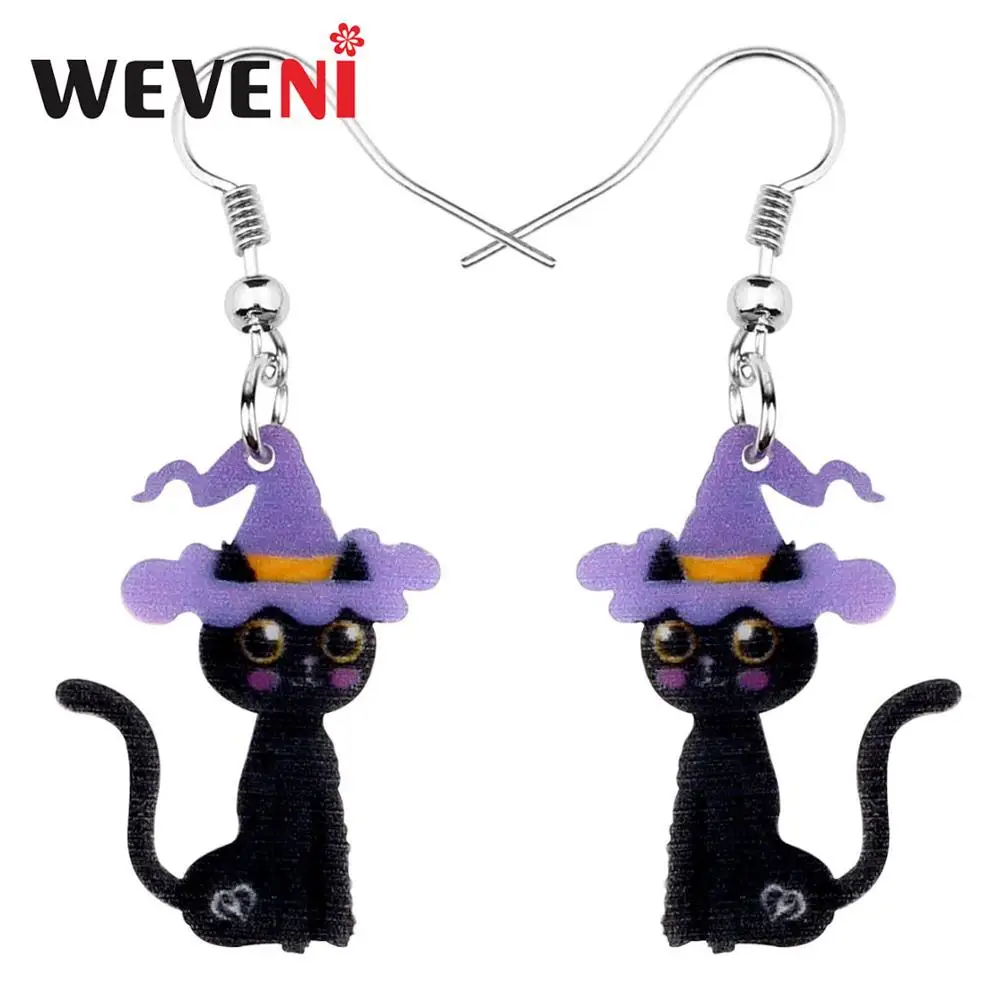 WEVENI акриловые серьги в виде черной кошки на Хэллоуин с шляпой и котенком висячие