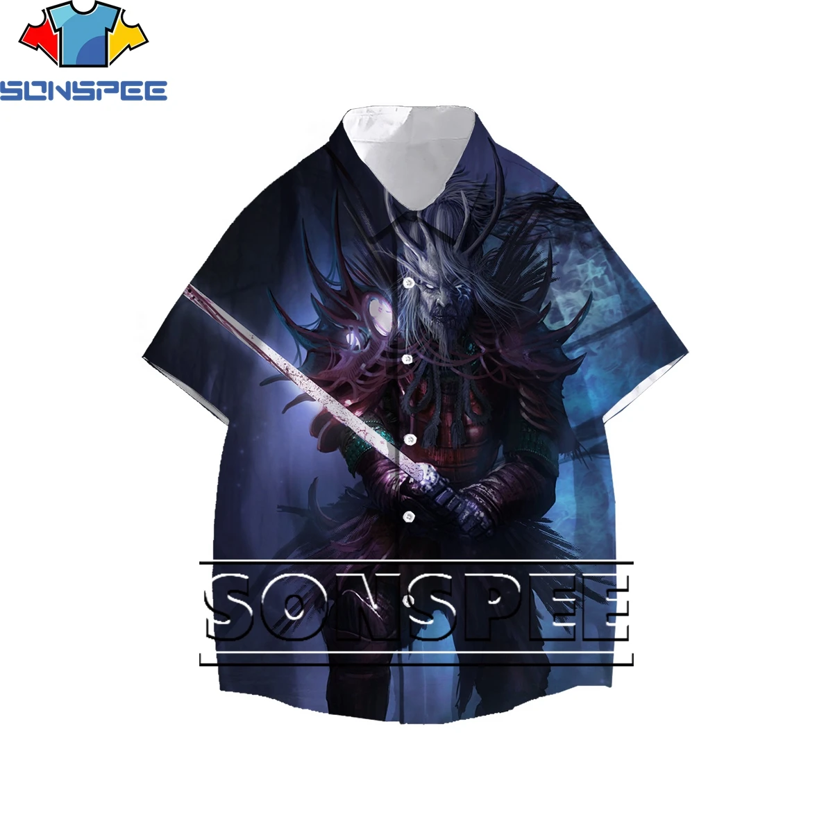

SONSPEE Skull Head Ghost Face Japanese Samurai Swordsman 3D Print Men's Shirt Summer Original Otaku Hawaiian Beach Oversize Top