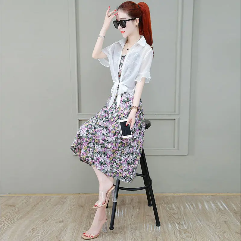 

Women's Sun-proof Shirt + Floral Print Sleeveless Dress Set 2021 Summer New Chiffon Strap Dress Sets Female 2 Piece Suit Q318