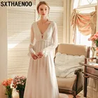 Ночная рубашка принцессы SXTHAENOO, королевская Пижама, женская ночная рубашка, белая, длинная, Пижама для женщин на весну и осень