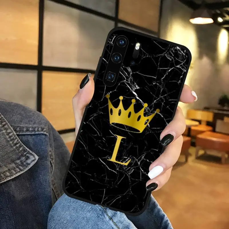 

Custom name Letter Black Marble Gold crown Phone Case Funda For Huawei P9 P10 P20 P30 Lite 2016 2017 2019 plus pro P smart