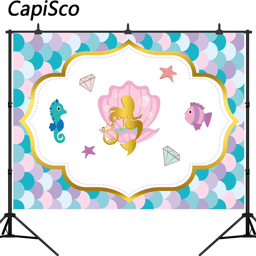 

Capisco Golden Little Mermaid Backdrop for Girls Birthday Sparkle Scales Princess Bday Party Banner Photography Background